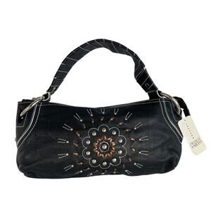 VTG Y2K Franco Sarto Western‎ Embroidered Sundial Baguette Bag Black Leather NWT